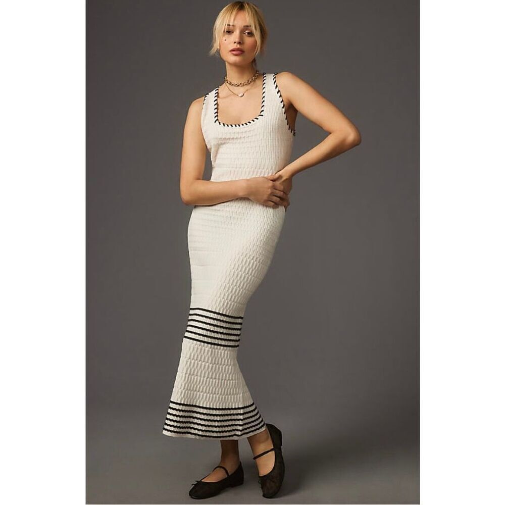 Anthropologie The Aimee Slim Ribbed Knit Midi Dress in White Size XL - Picture 3 of 12